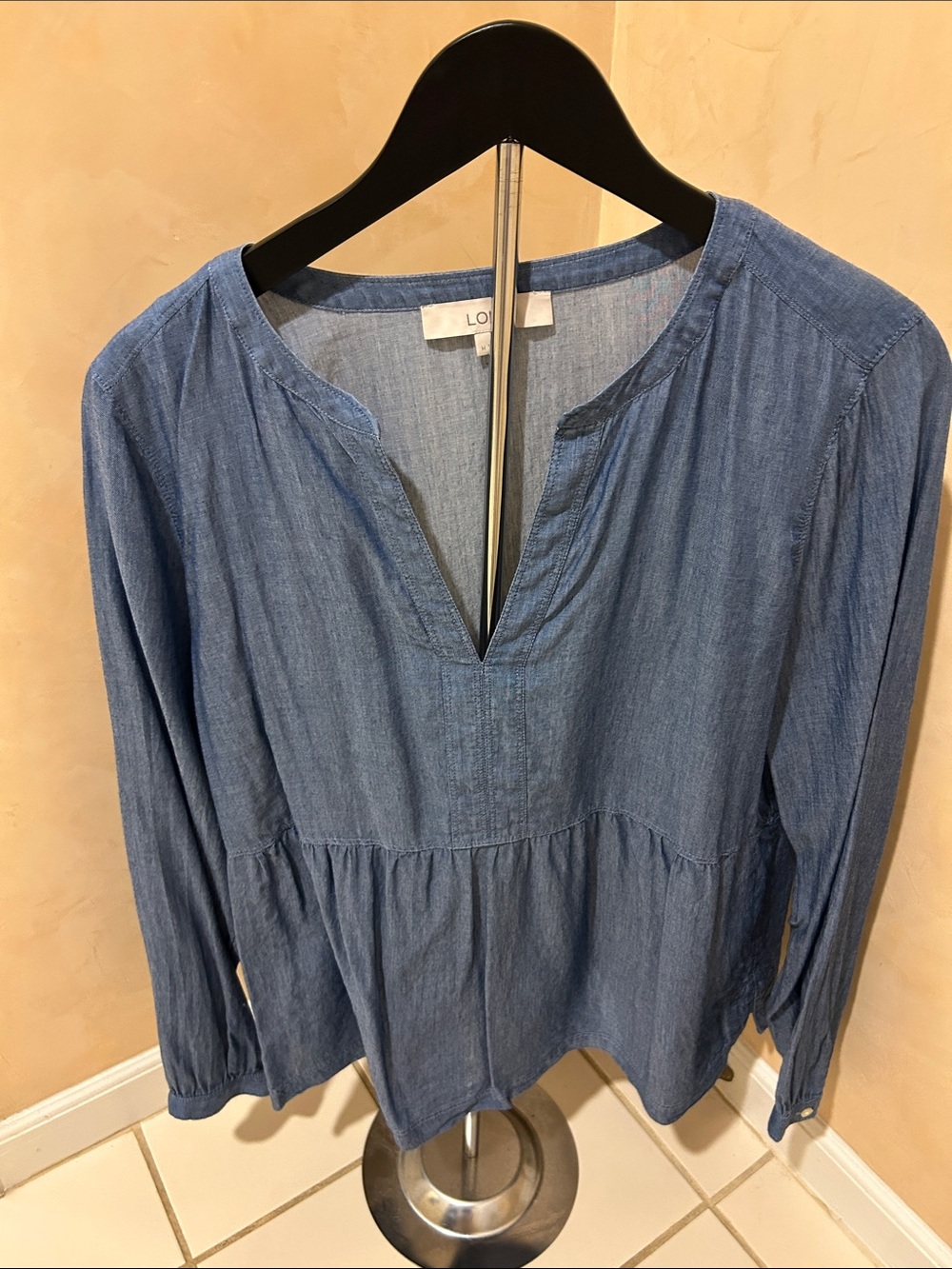 LOFT Chambray Peasant Tunic Top in Mid Blue